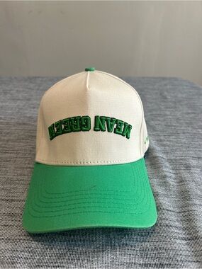Two-Tone Cream & Green Baseball Cap W/Green Embroidery upside down “mean green”